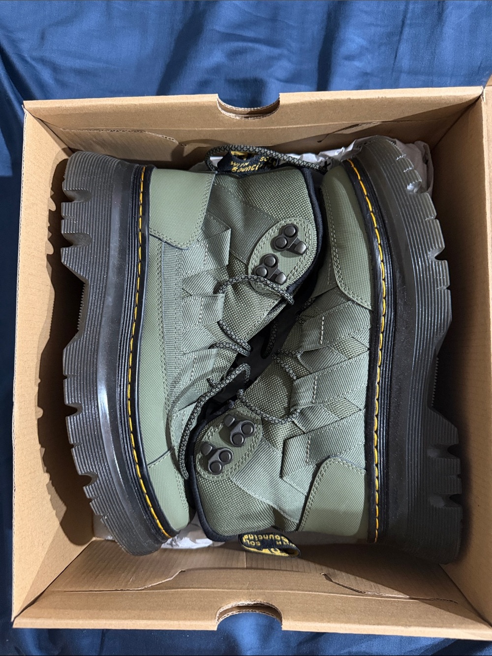 Dr. Martens Olive Green Platform Combat Boots with Yellow Stitching